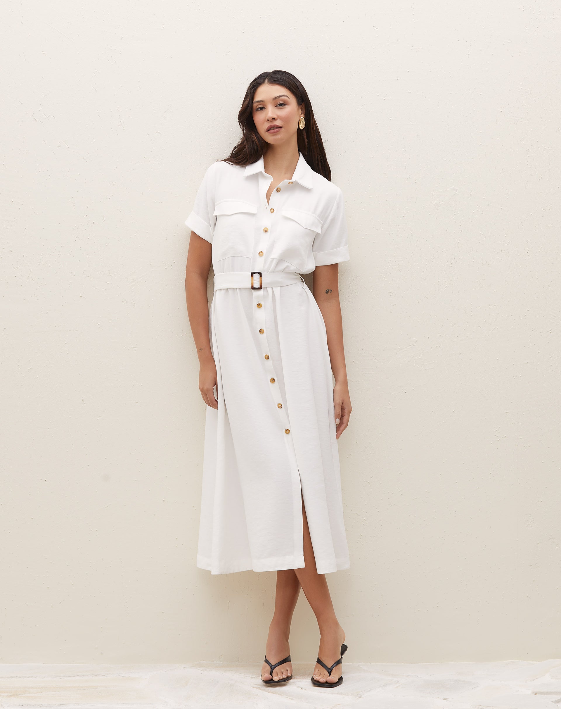 Vestido Chemise com Cinto e Bolsos - Branco