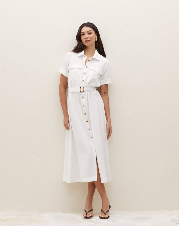 Vestido Chemise com Cinto e Bolsos - Branco